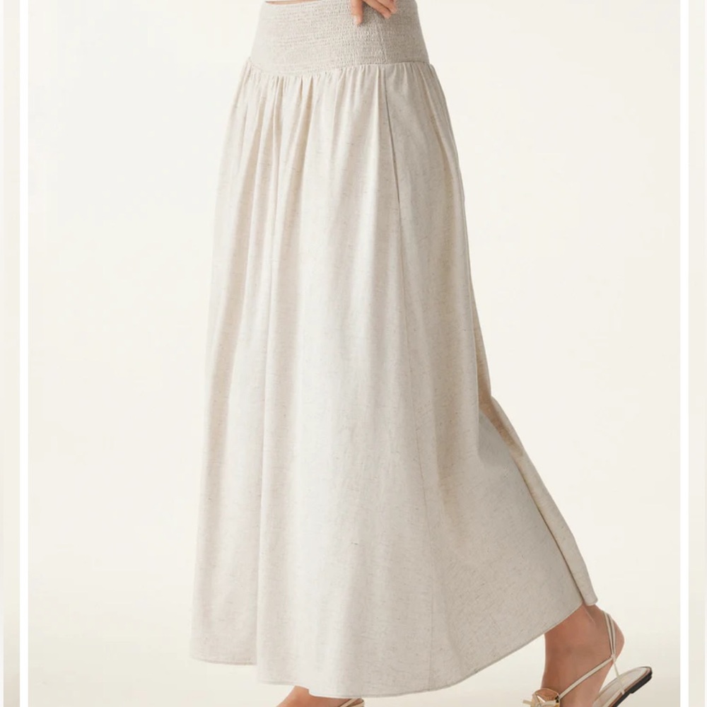OGL Beige Linen Flow Long Maxi Skirt With Pockets Elastic Waist Lined Effortless - Picture 14 of 14
